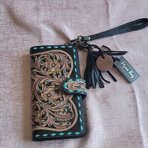 Myra Bag Black and Tan Wristlet with Turquoise Accents